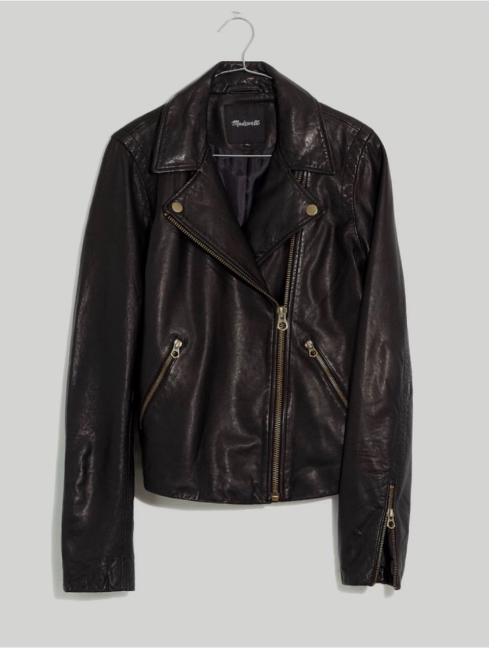 NWT Madewell Washed Black Leather Motorcycle Jacket with Brass Hardware